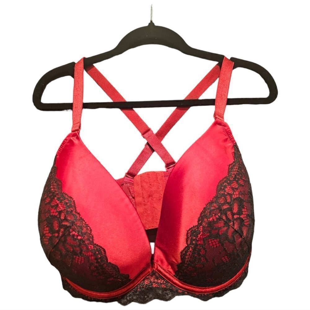 CACIQUE Red Satin Black Lace Plunge‎ Underwire Bra - Size 40F